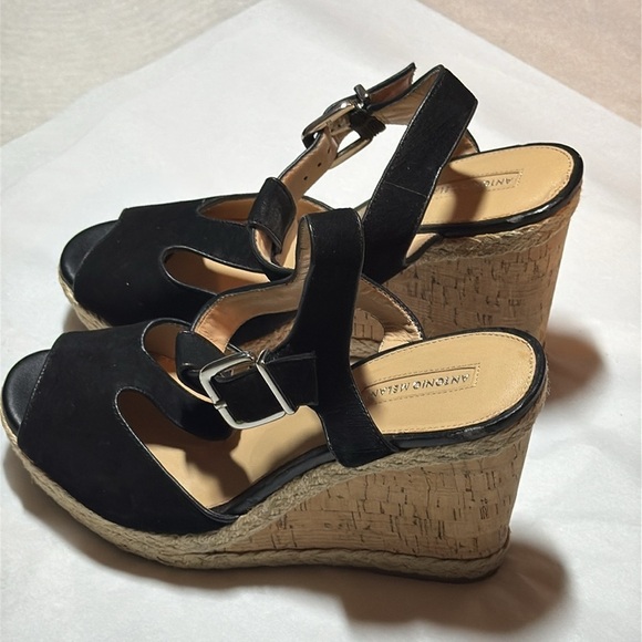 Antonio Melani Yardley black suede cork wedges platform T strap sandals heels 11 - Picture 2 of 7